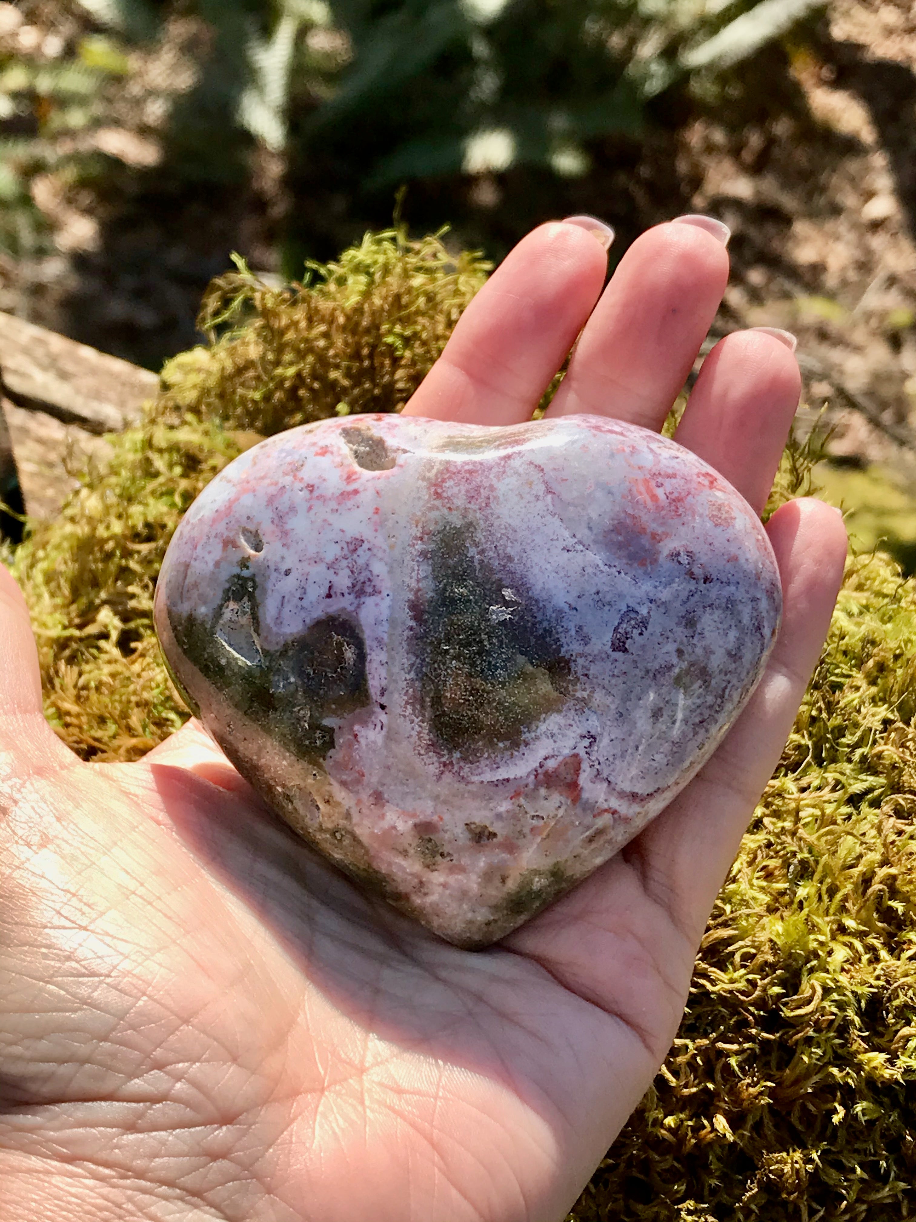 Jasper, Ocean- Dark Green/Yellow, Orbicular- Palm Stone – Pink Heart Healing