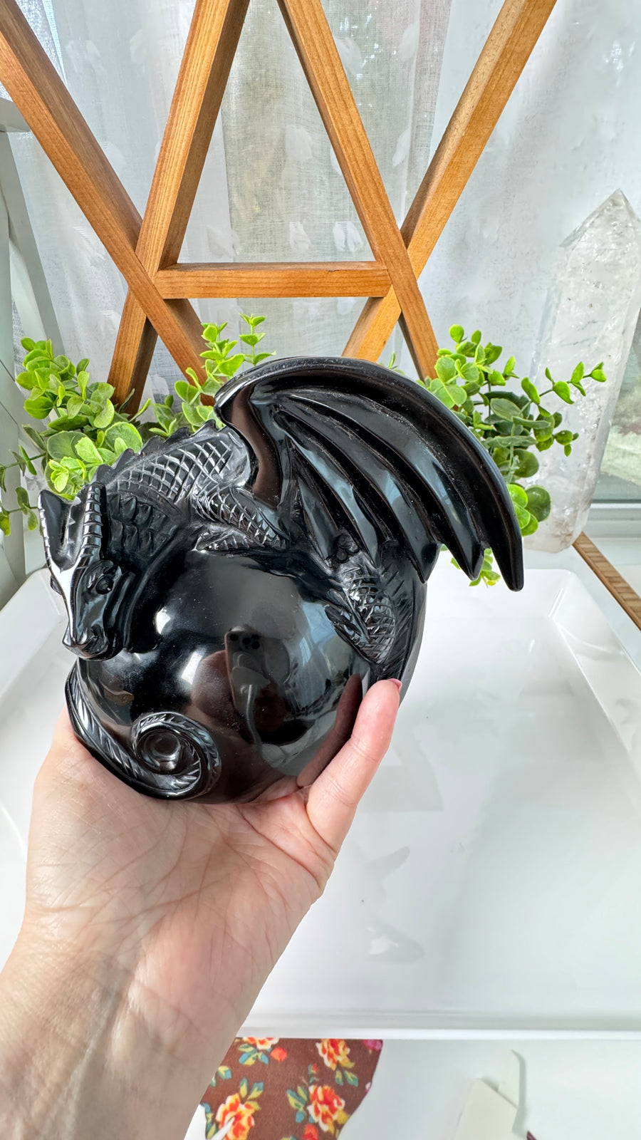 XXL Obsidian Flying Dragon Holding  Pearl,  Master Carver Statement Crystal 7”