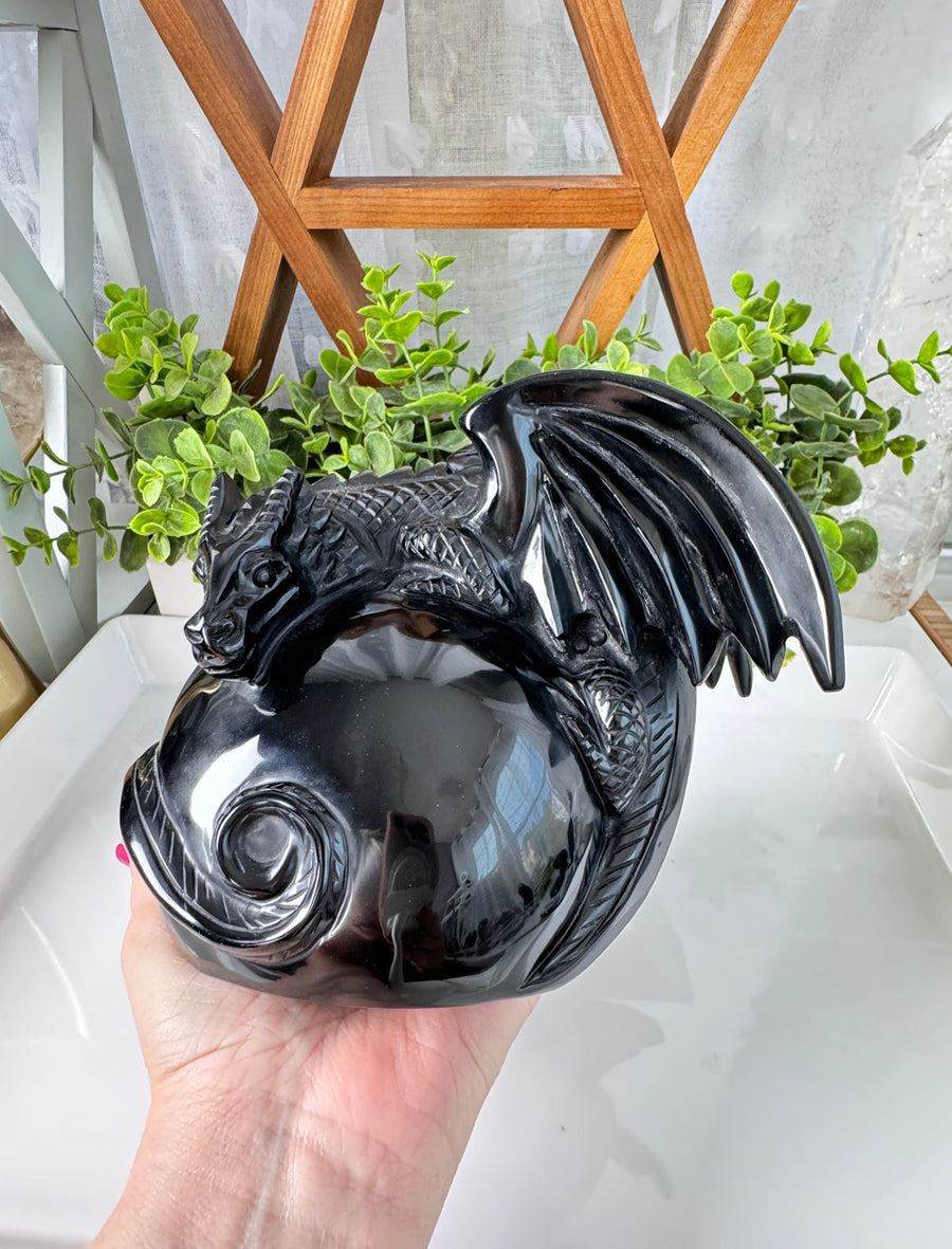 XXL Obsidian Flying Dragon Holding  Pearl,  Master Carver Statement Crystal 7”