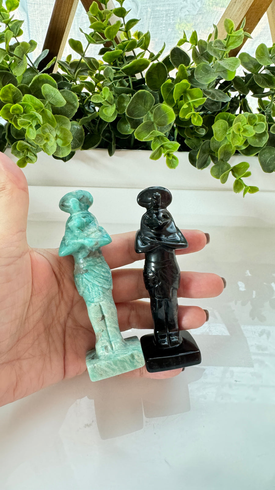 Egyptian God Thoth Carving, Amazonite for Truth or Silver Sheen Black Obsidian for Protection