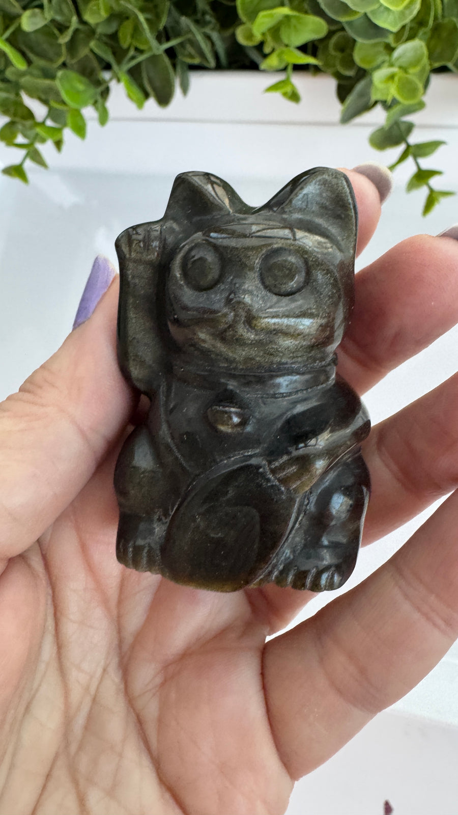 Lucky Cat 2 Sizes RIGHT PAW UP Obidian, Maneki Neko, Crystal Fortune Cat