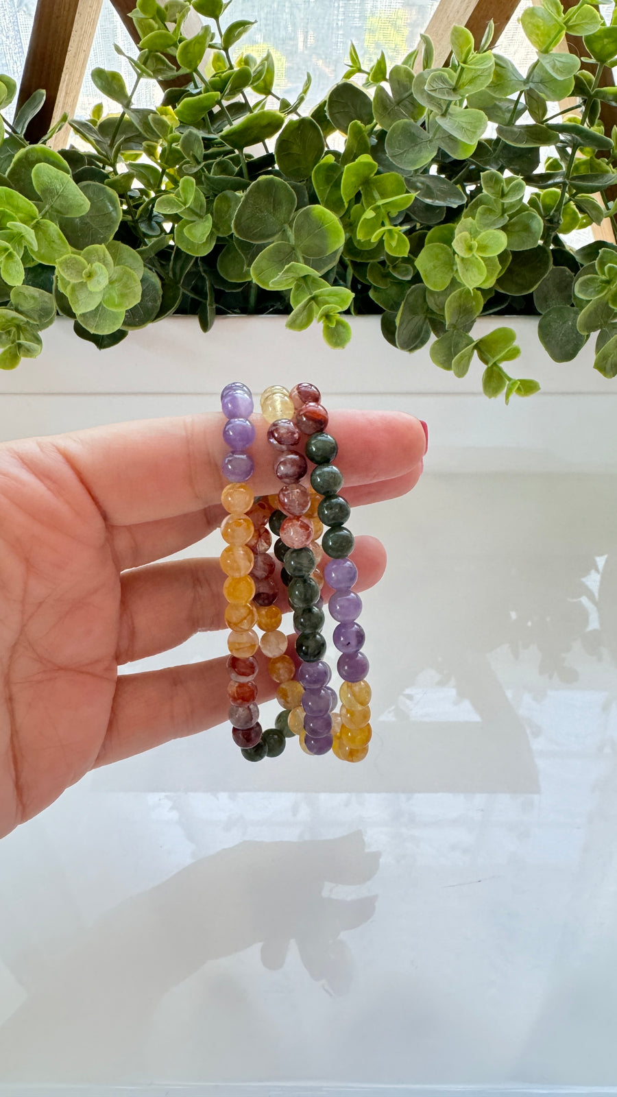 Triple Wrap Bracelet Mix: Amethyst, Moss Agate, Golden Healer, Fire Quartz, 7 mm Bracelet or Stretchy Necklace