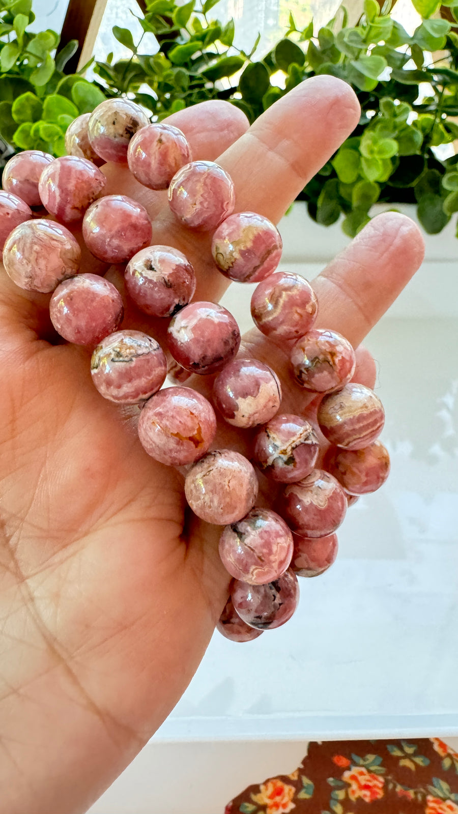 Rhodochrosite 12 mm Bracelet for Heart Healing, Stretchy XL