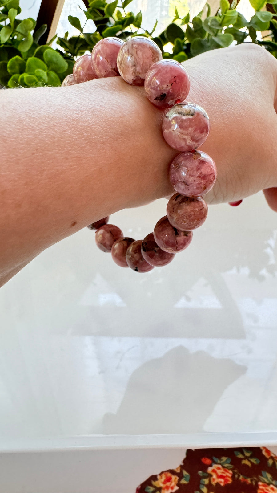 Rhodochrosite 12 mm Bracelet for Heart Healing, Stretchy XL