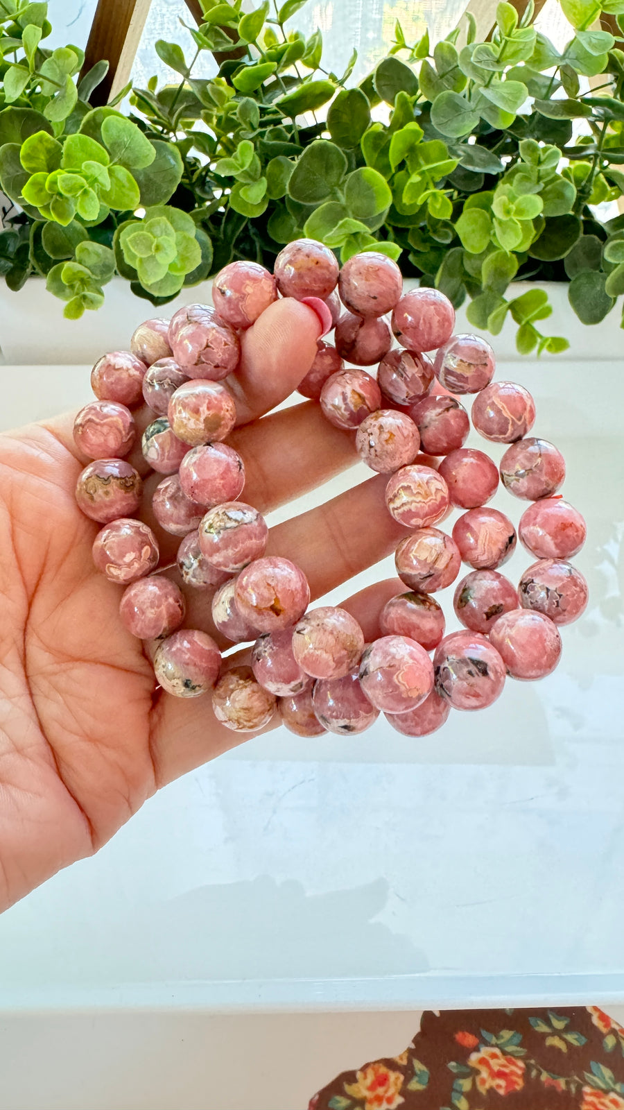 Rhodochrosite 12 mm Bracelet for Heart Healing, Stretchy XL