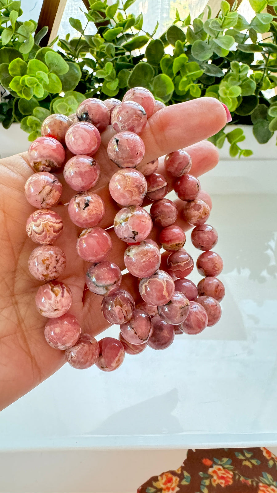 Rhodochrosite 12 mm Bracelet for Heart Healing, Stretchy XL