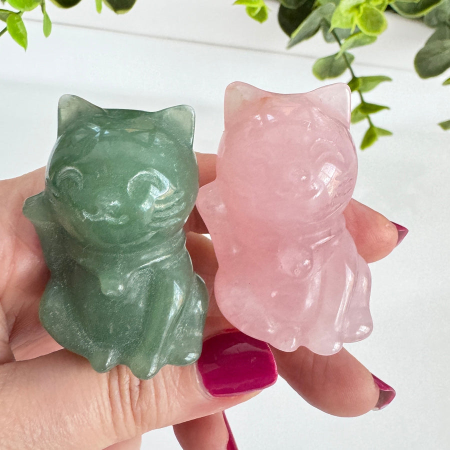 Lucky Cat RIGHT PAW UP, Green Aventurine or Rose Quartz Maneki Neko, Fortune Cat, Sweet Blessings Style