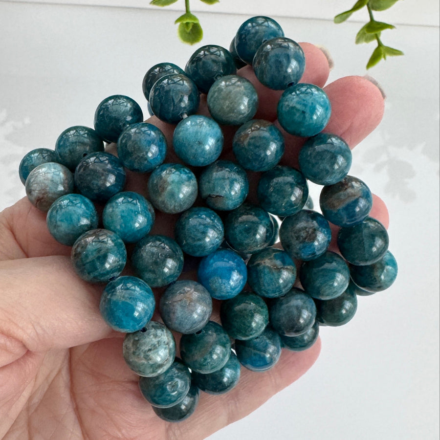 Blue Apatite 12 mm Bracelet for Motivation, Stretchy, Large Beads