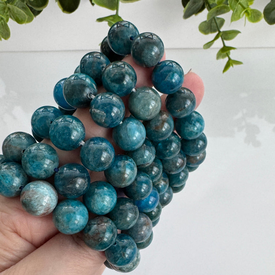 Blue Apatite 12 mm Bracelet for Motivation, Stretchy, Large Beads