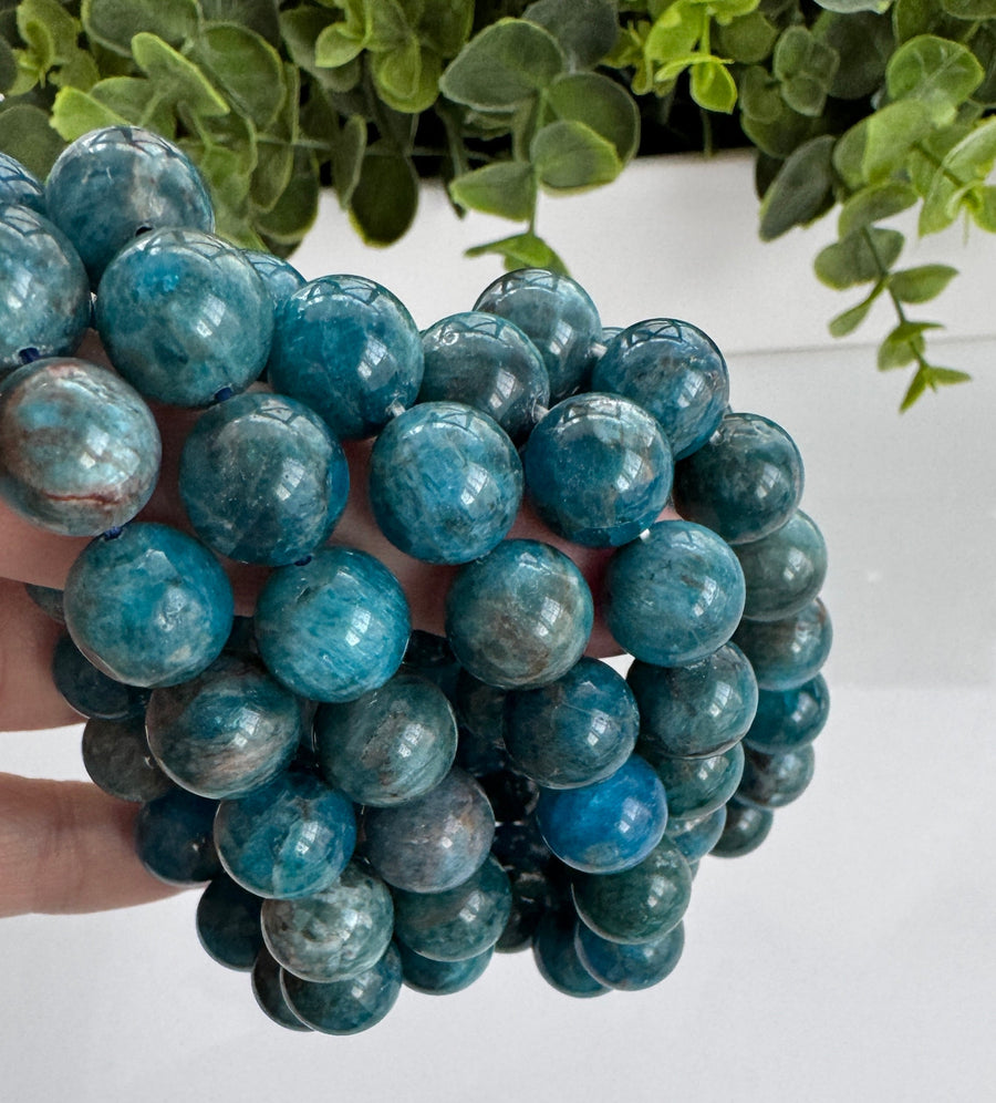 Blue Apatite 12 mm Bracelet for Motivation, Stretchy, Large Beads