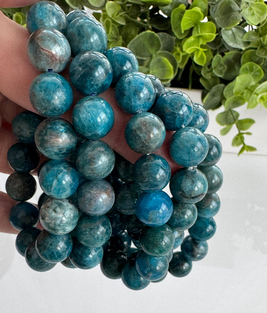 Blue Apatite 12 mm Bracelet for Motivation, Stretchy, Large Beads