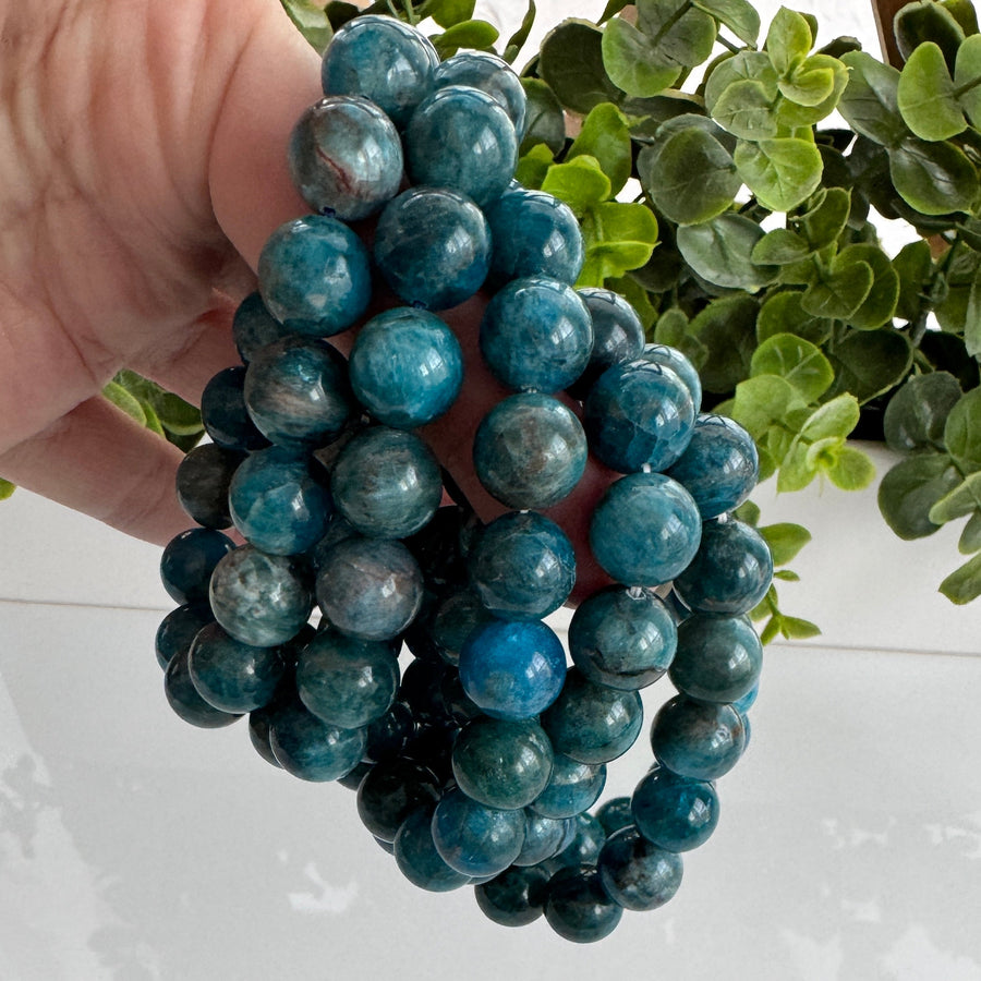 Blue Apatite 12 mm Bracelet for Motivation, Stretchy, Large Beads