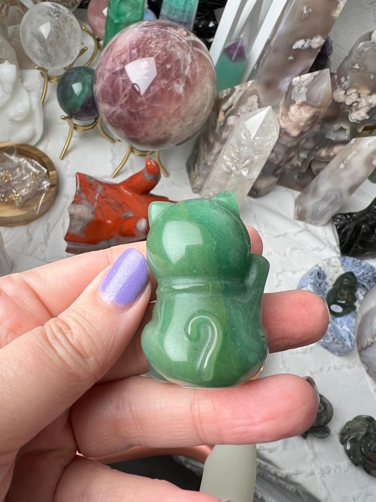 Lucky Cat RIGHT PAW UP, Green Aventurine or Rose Quartz Maneki Neko, Fortune Cat, Sweet Blessings Style