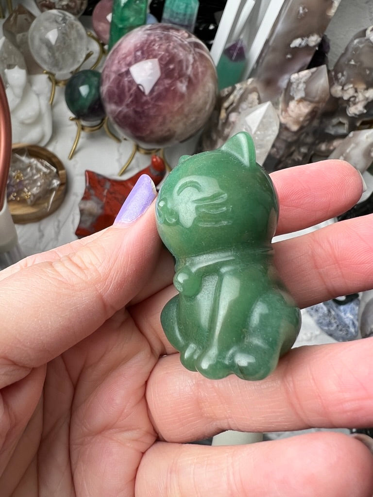 Lucky Cat RIGHT PAW UP, Green Aventurine or Rose Quartz Maneki Neko, Fortune Cat, Sweet Blessings Style